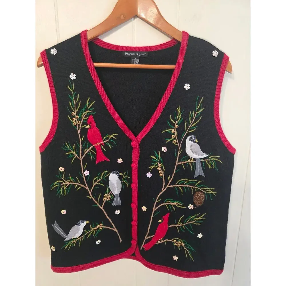Vintage Designer's Original Cabincore Birds Beaded Knitted Cardigan Vest Women L